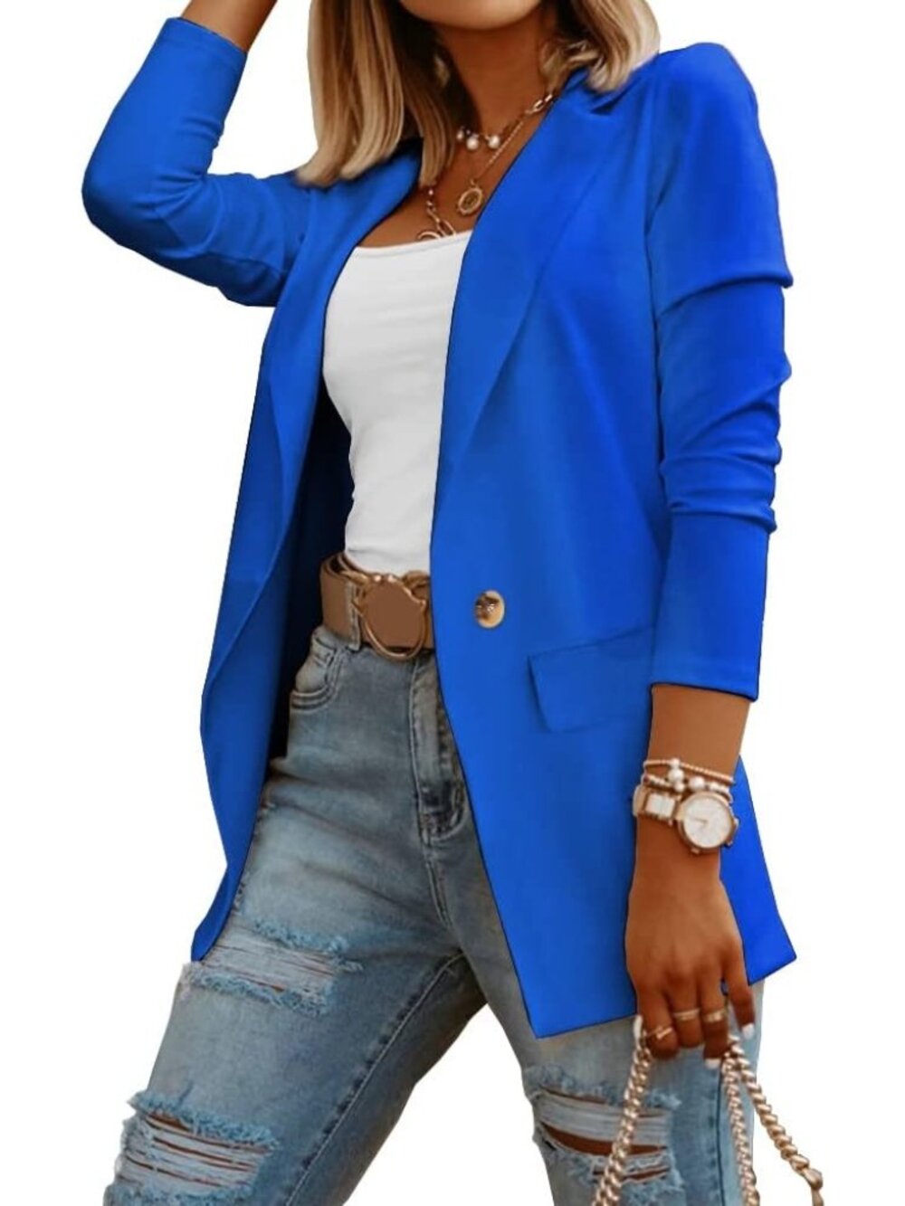 🆕Women's Blue Casual Knit Blazer Open Front Long Sleeve Work Office Jacket